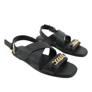 Michael Kors Womens 9.5 Shawna Sandals Black Strap Buckle Chain Faux Leather NEW